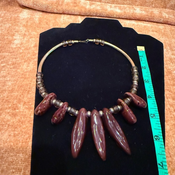 Brown and Gold Toned Mixed Material Choker Necklace - Picture 4 of 14
